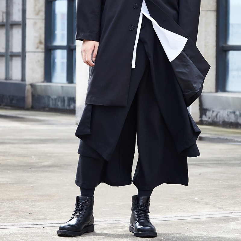 Mężczyźni japonia Streetwear biodro chmiel punk gotyk czarne spodnie haremki mężczyzna moda splatać luźne szerokie nogi spódnica spodni kimono