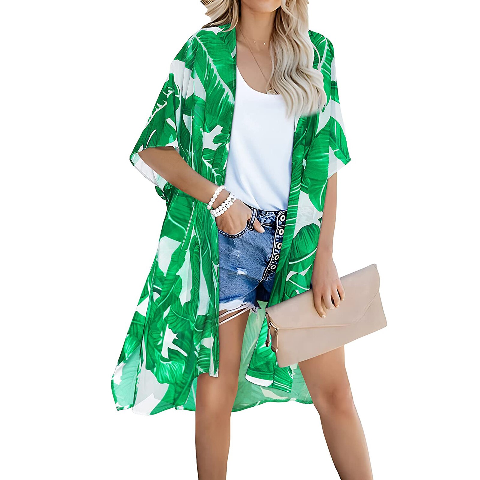 Bata transparente para mujer, Blusa de gasa con estampado único, protección solar, Media manga, Bikini, cárdigan, falda Bohemia con abertura larga, 2022: 5