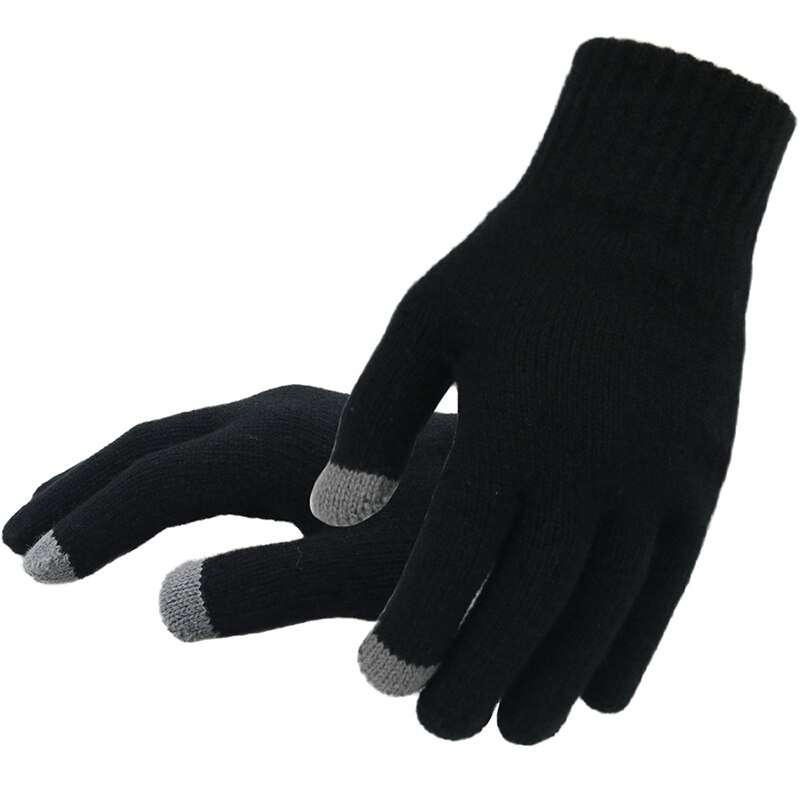 Vinter efterår mænd strikkede handsker touch screen mandlige tykkere varm uld cashmere solide handsker mænd vante business: Sort-tynd