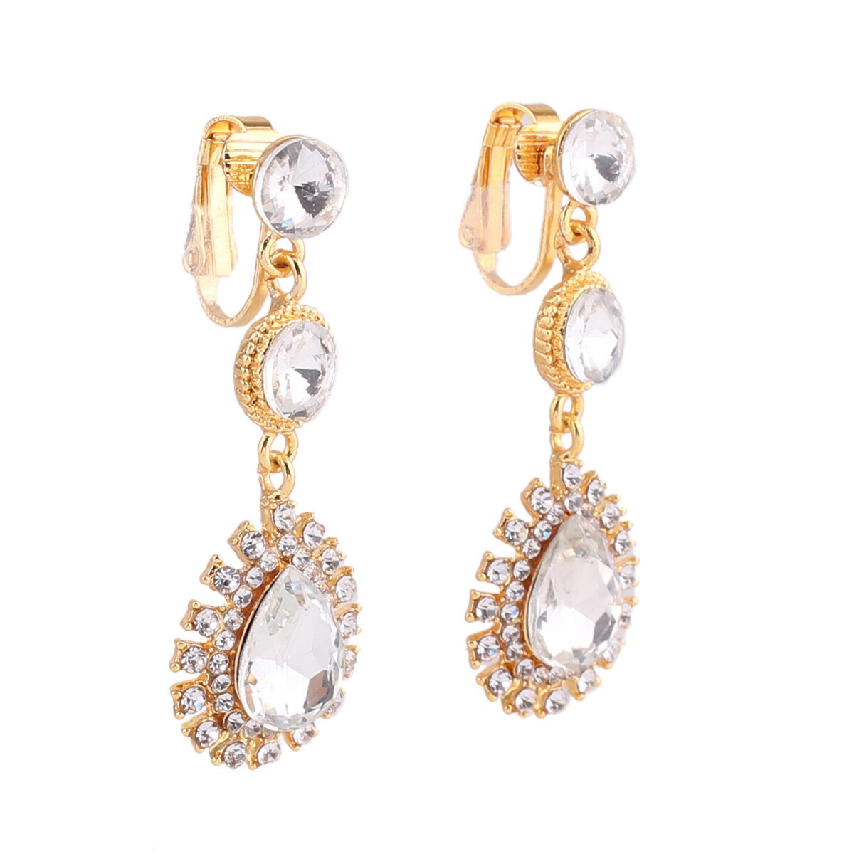 Wenhq 12 Kleuren Hoogwaardige Rhinestone Crystal Tear Shape Clip Op Oorbellen Geen Doorstoken Voor Vrouwen Bruiloft Geen gat Oor Clip: Gold White