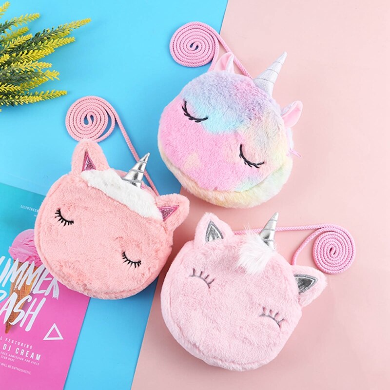 Bonito unicornio arcoíris bandolera de felpa, bolso cruzado, BILLETERA, bolso redondo, monedero de felpa