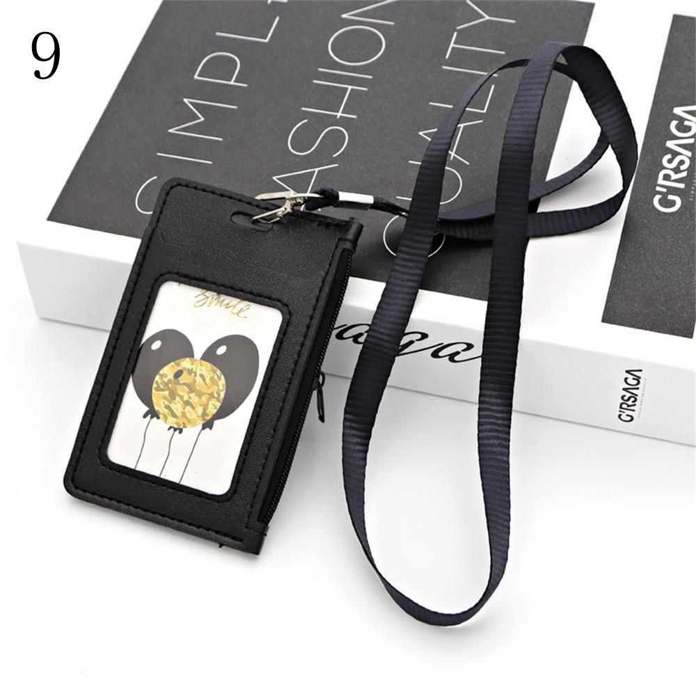 Faux Leather ID Badge Card Holder Zipper Card Cover Bag Coin Purse Business Card Case with Neck Lanyard: 9