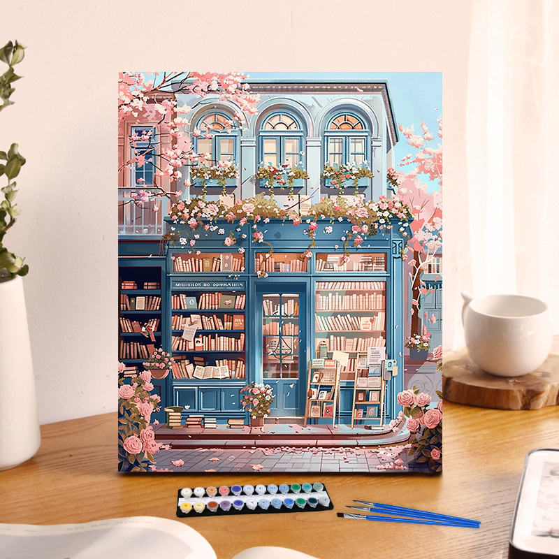 Painting By Numbers Flower Bookstore Anniversary on Digital Painting Canvas Acrylic Paint Image Digital Coloring: Dark Khaki / 60x60cm
