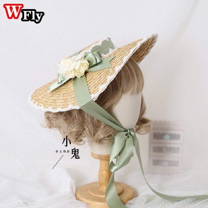 Chapeau de soleil en paille pour femmes et filles, japonais, Lolita, fait à la main, ruban de fleurs en dentelle, nœud papillon à large bord, chapeaux de paille élégants: style 2
