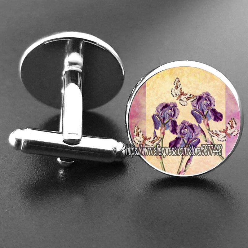 15mm blå iris glas cabochon kvinder manchetknapper lilla orkidé blomst jakkesæt skjorte manchetknapper mænd tilbehør
