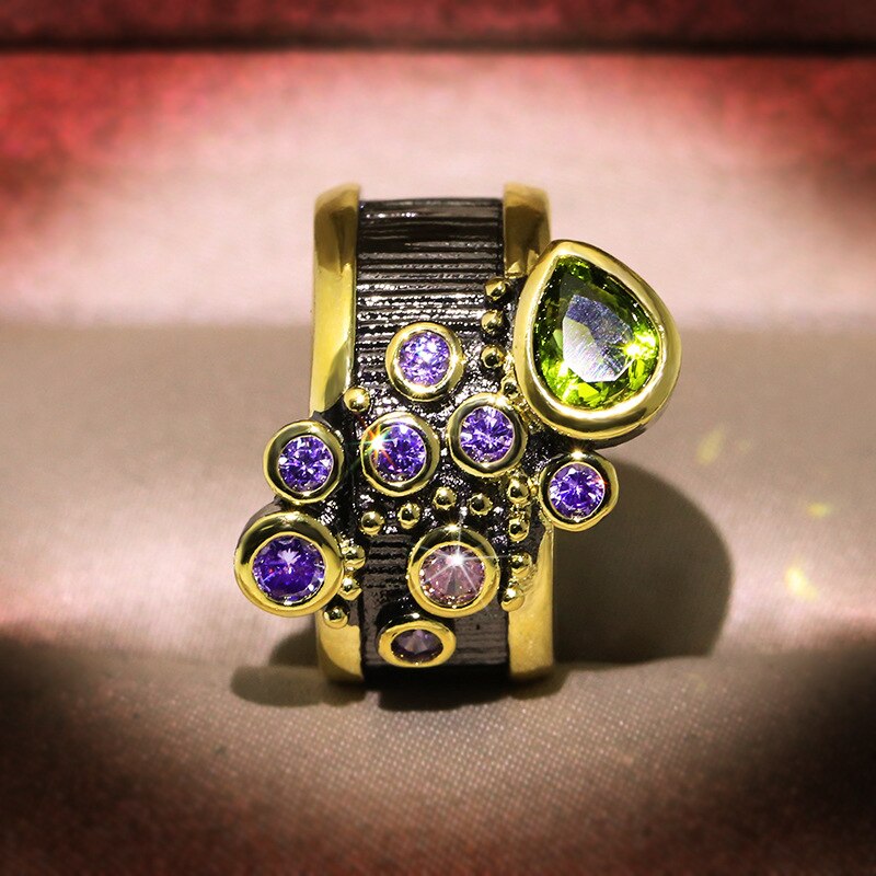 Vintage feminino anel multi forma colorido cz casamento noivado jóias preto ouro cor anel para mulher