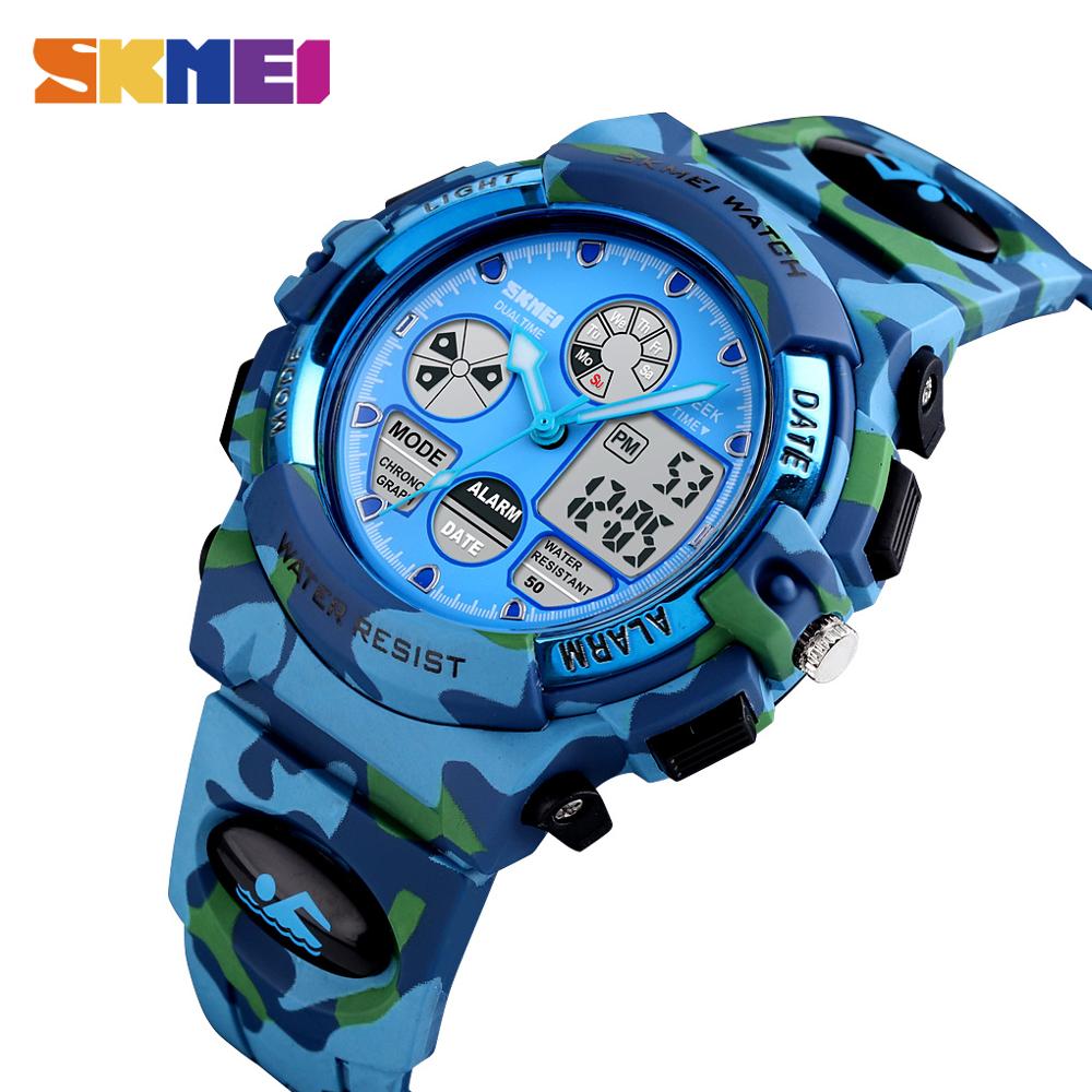 Skmei Dual Display Kinderen Horloge Led Digitale Horloge Pu Sport Shockproof 50M Waterdicht Alarm Sport Jongens Meisjes Kids klokken: LightBlue Camouflage