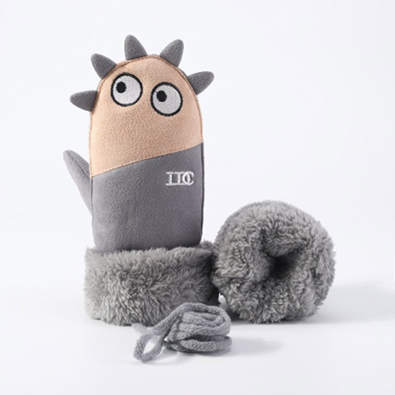 Gants pour enfants hiver épais cachemire dessin animé pingouin requin daim cuir gants garçon/fille suspendus cou mitaines de Ski H29: D Gray