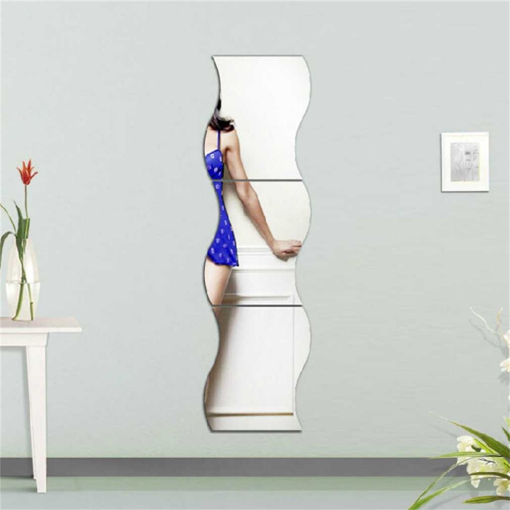 6 uds. Forma de olas auto-adhesivo azulejo 3D espejo pegatinas calcomanía decoración de la habitación moderno espejo azulejos decorativos espejos