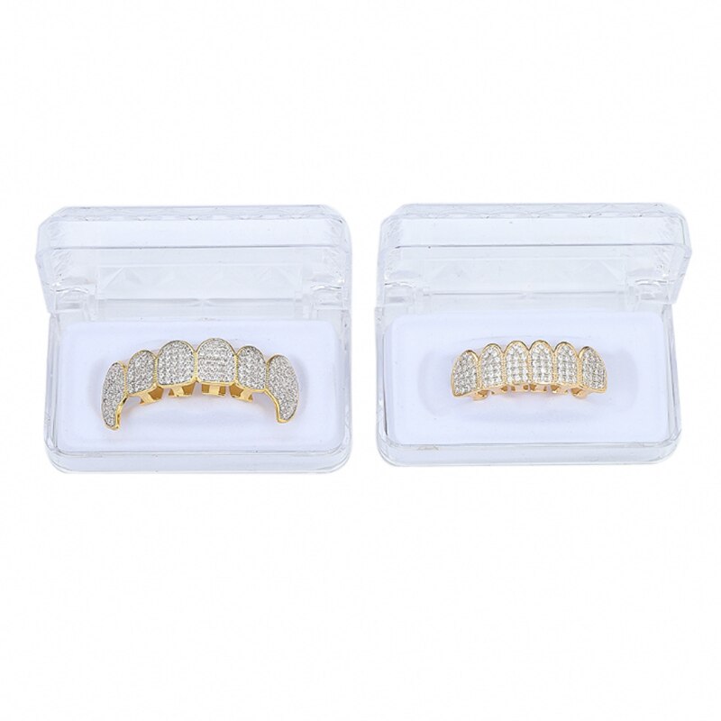 Volledige Kubieke Zirkoon Fangs Tanden Grillz Top Bottom Grills D Mond Punk Tanden Caps Cosplay Party Rapper Hip Hop Sieraden