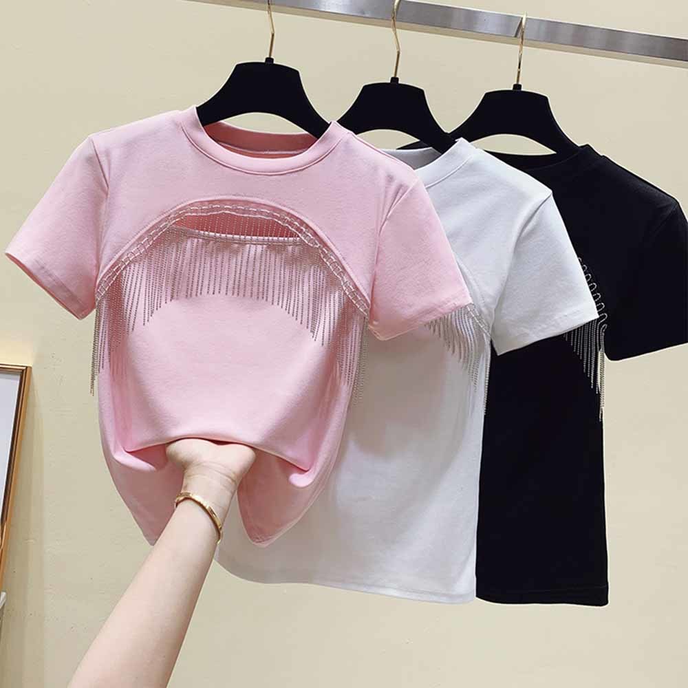Pink/sort/hvid t-shirt crop top sommer t-shirts toppe kvinde t-shirt udhulet kvast bomuld kortærmet t-shirt dametøj