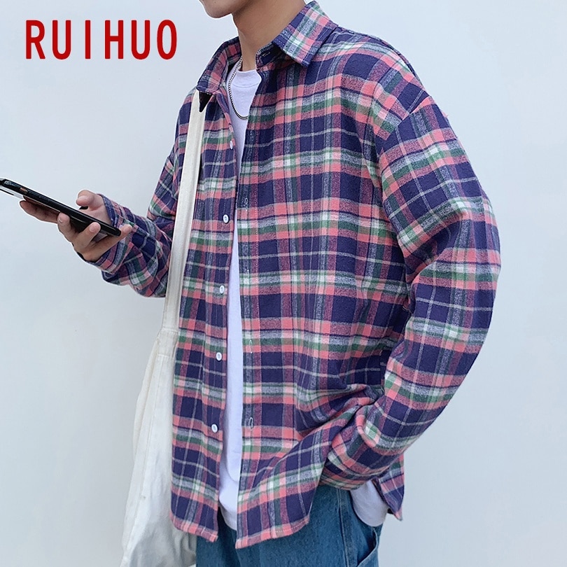 Ruihuo våren casual rutig skjorta herr slim fit bomull herr långärmade skjortor herr toppar märke plus size m -2xl