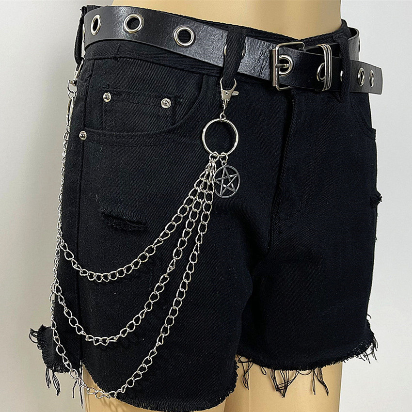DIEZI Hip Hop Vintage coche Jeans pantalones llavero con anilla para Mujeres Hombres Hip Hop multicapa estrella borla cadena colgante cadena para bolso: Castaño