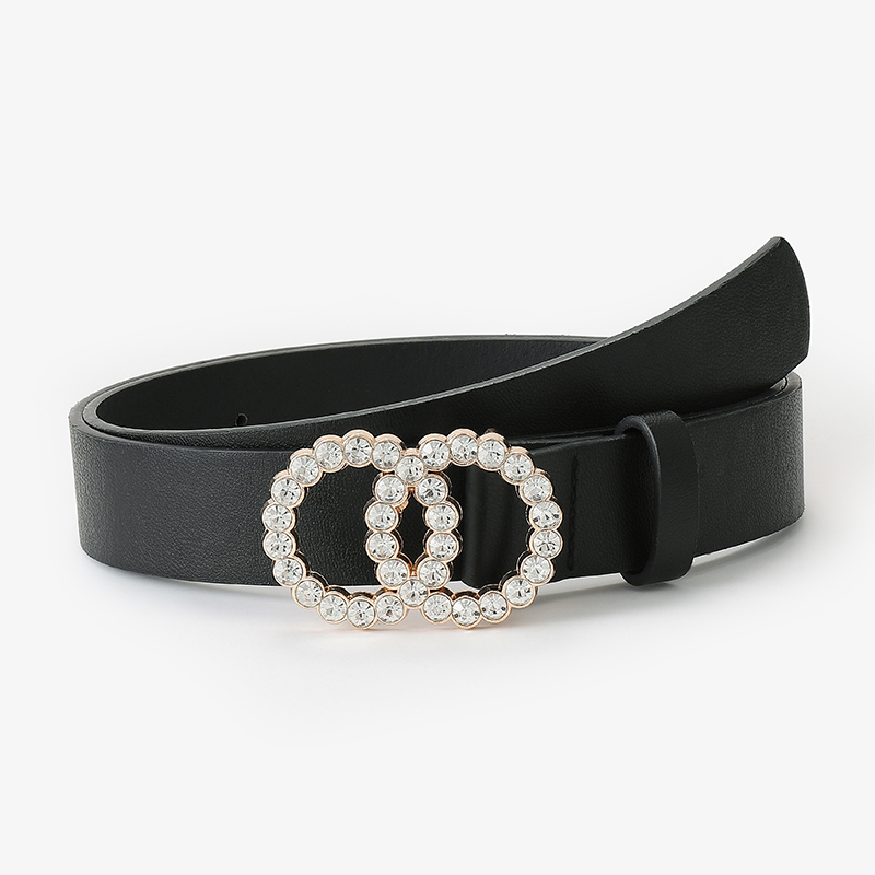 D &amp; T-Cinturón de para mujer, con dos círculos de diamante, hebilla decorativa, Material de cuero PU, cintura de estilo informal para mujer: black