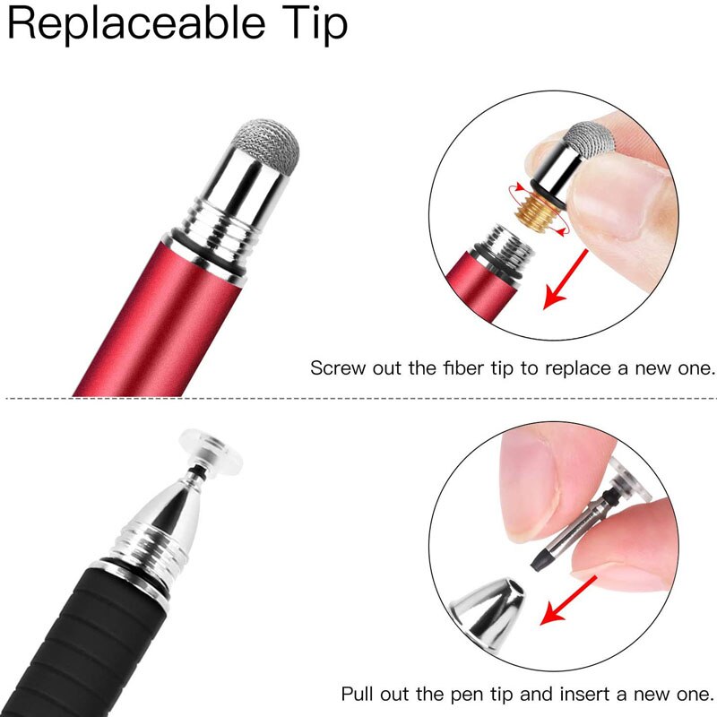 2 in 1 Precision Series Disc Stylus Drawing Touch Pen with 2 Replaceable Disc Tips and 1 Fiber Tip for All Touch Screen Devices