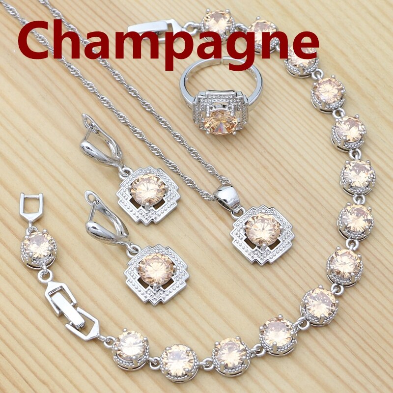 Conjunto de joyería de plata 925 para mujer, anillo redondo rojo granate, pendientes, pulsera, colgante, cadena, joyería cuadrada: Champagne