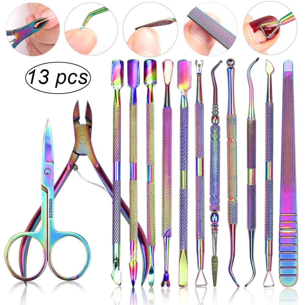 1 Juego de empujador de cutículas de uñas Acero inoxidable titanio Arco Iris cortauñas producto para eliminar la piel muerta tijera alicate manicura herramienta de cuidado de uñas