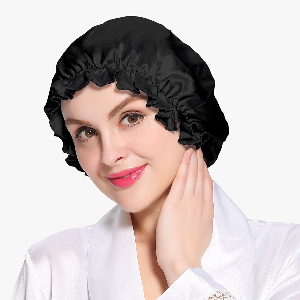 LILYSILK Silk Night Sleep Cap Silk Cap for Sleeping Women Flounced Brand Solid 19 Momme Hair Care Accessories: Black