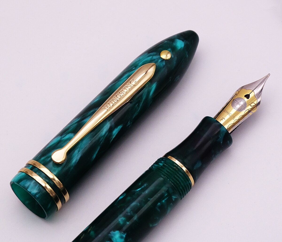 thumbnail image 2 of Wing Sung 626 Celluloid Fountain Pen – Fine Stainless Steel Nib 0.5mm, Gold Trim, New 2 of 6