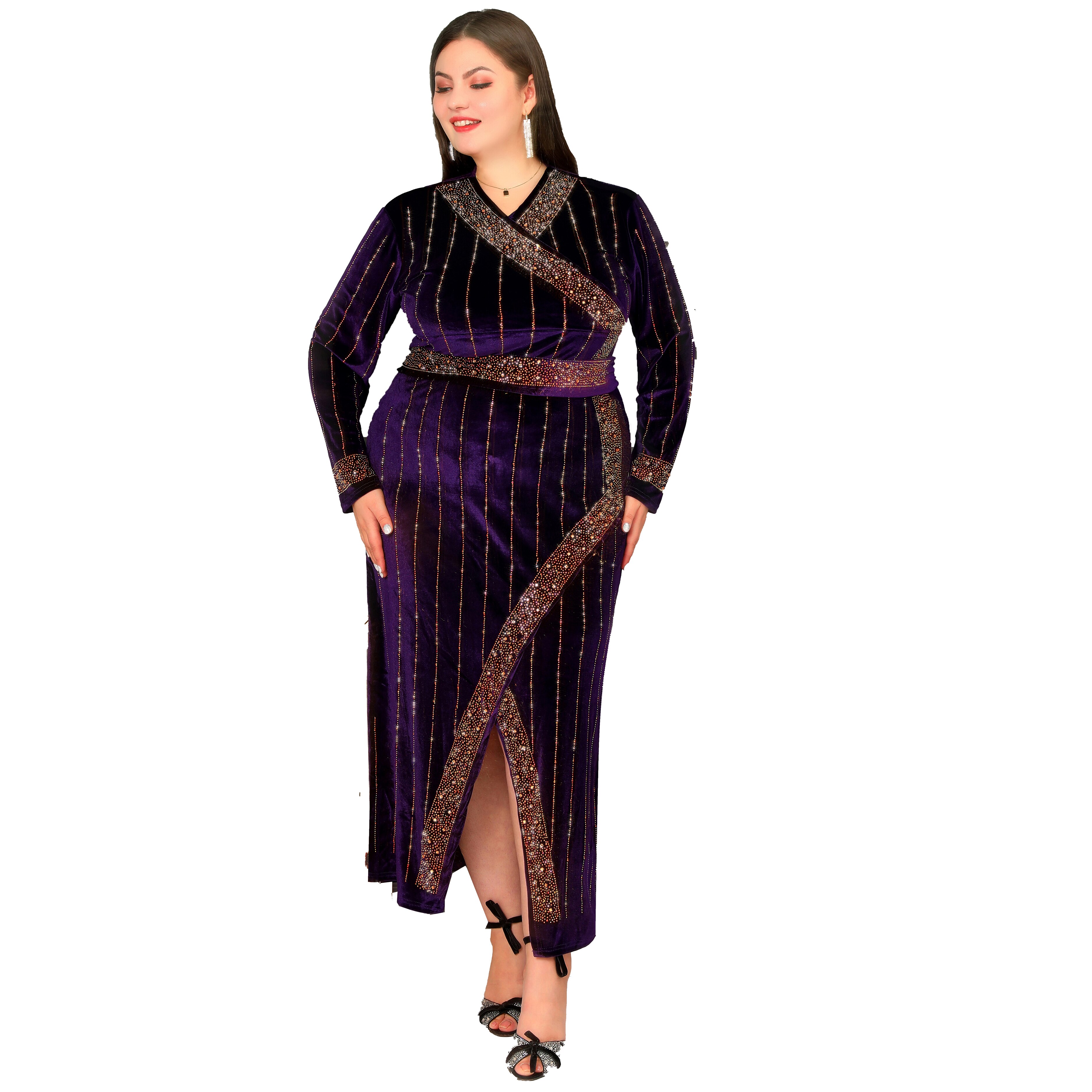 LIZHILIZHI Purple Muslim Dress Women Chic Slit Belt Style Bar Pattern Party Birthday Evening Wedding Vestidos Arabes: Purple / XXXL46