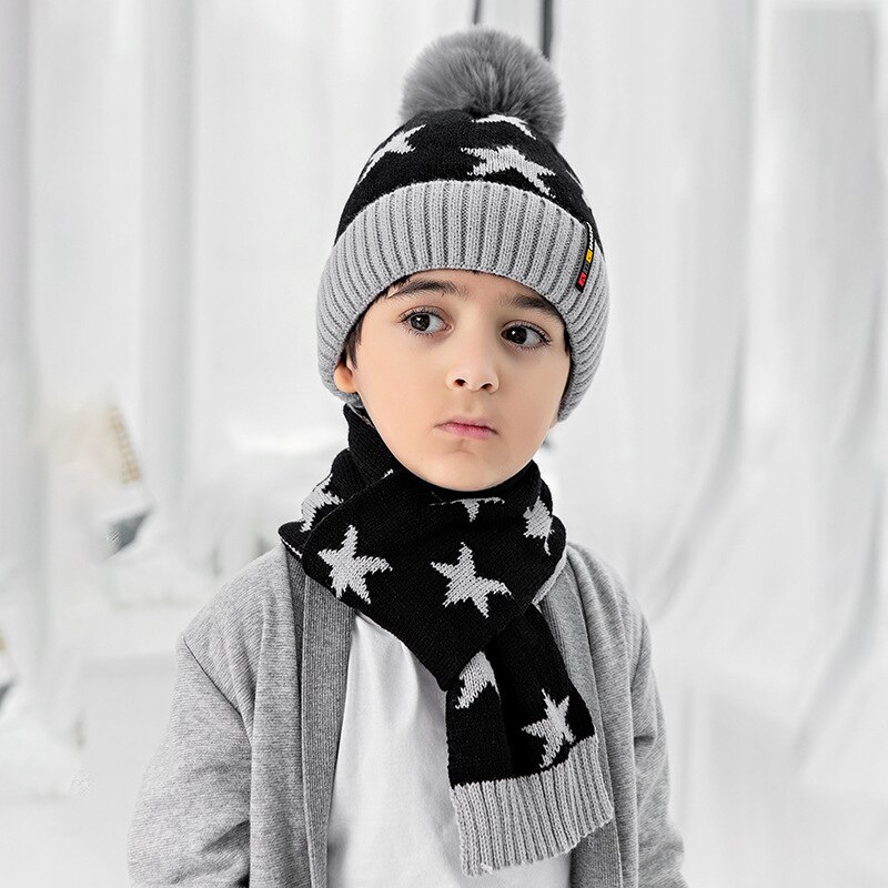 Ensemble de bonnets et écharpes tricotés pour enfants, 2 pièces, épais et chauds, avec pompon, accessoires pour vêtements, pour garçons, automne hiver