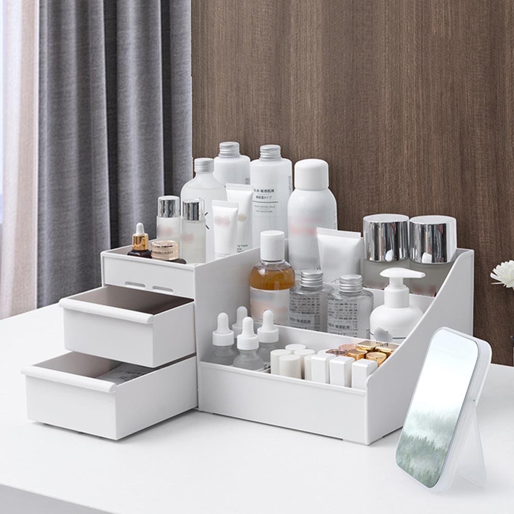 Clear Desk Organizer ith Two Sliding Drawers Plastic Individual Compartments Stationary Cosmetics Organizer Container Holder: XL