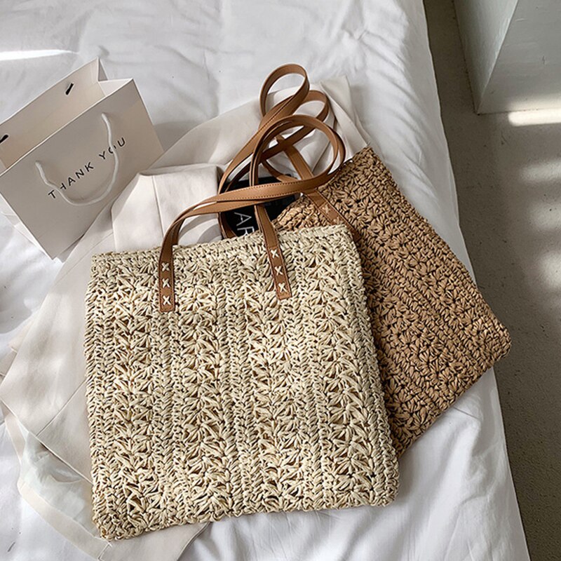 Sac de paille ajouré pour femmes, sac à bandoulière de grande capacité fait à la main en rotin, fourre-tout de voyage tissé plage Shopping,