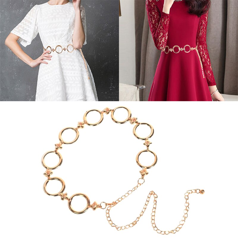 Kvinnor runt kedja bälte kvinnlig guld midja klänning tunna metall bälten 110cm långa tofs fransar kedjor