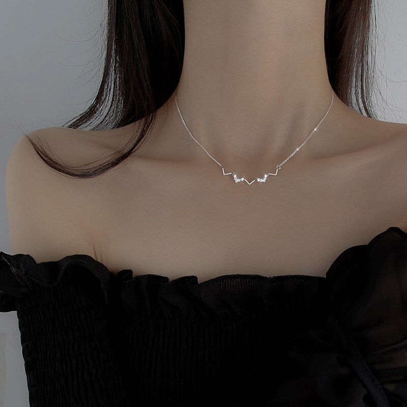 Heartbeat letter v Cubic Zirconia 925 Sterling Silver Clavicle Chain Necklace For Women Korean Minimalist Dainty Jewelry SN2440: Default Title