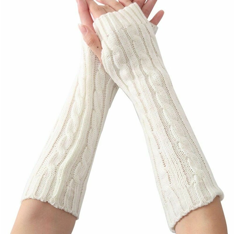 Kvinder vinter solide armopvarmere fingerløse lange handsker vanter albue strikkede ærmer cykelhandske rejsetøj: Hvid