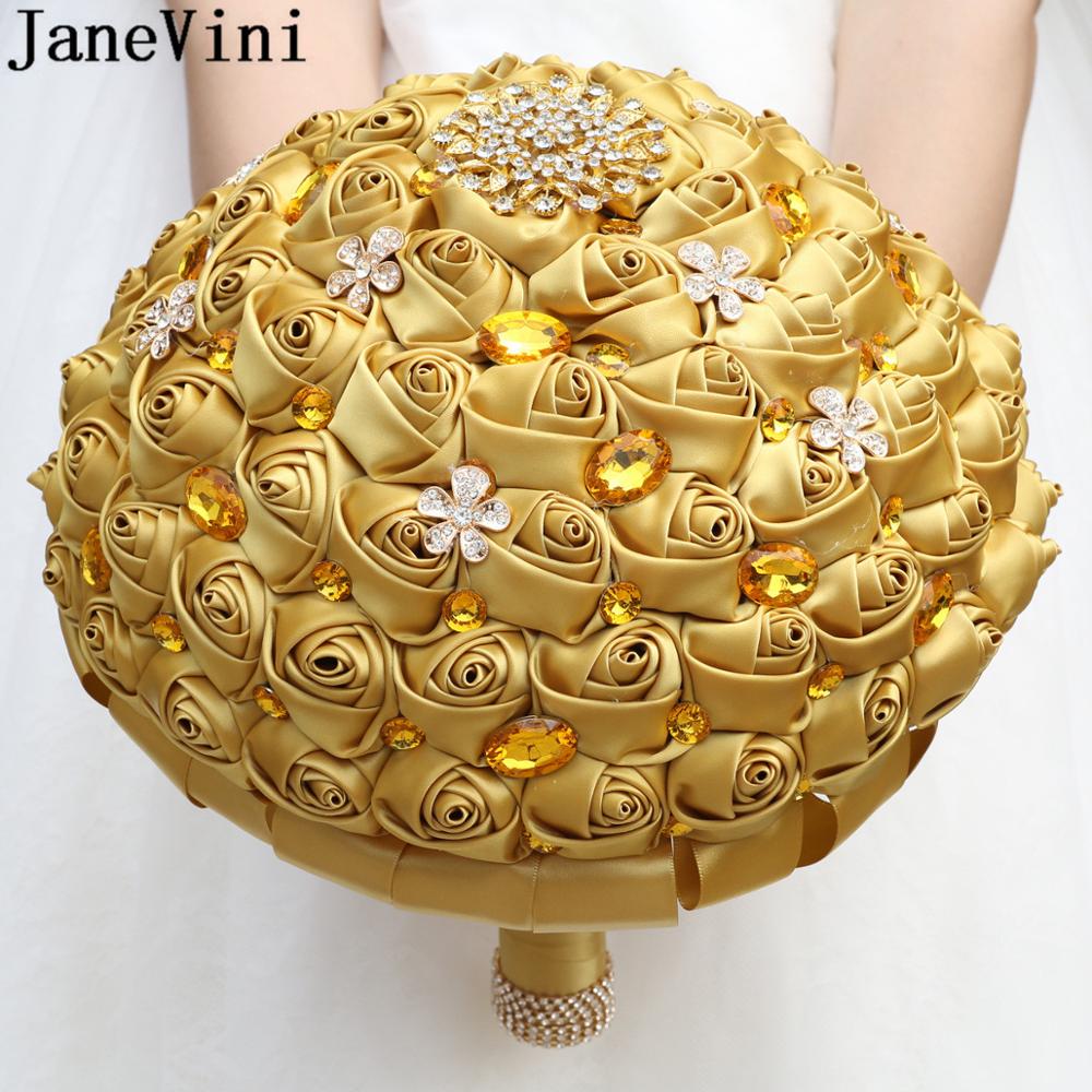 JaneVini – Bouquet de mariage de grande taille, 30CM, pour la mariée, en or, luxueux, diamant, cristal, perles, strass, fleurs à main en Satin
