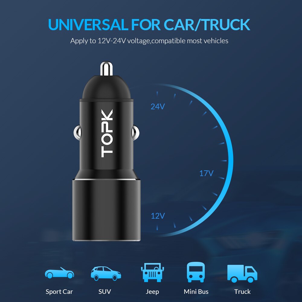 TOPK Dual USB Auto Ladegerät für iPhone Xiaomi Sansmsung schnell aufladen 3,0 Schnelle Ladegerät Auto-Ladegerät praktisch-ladegerät Adapter in Auto