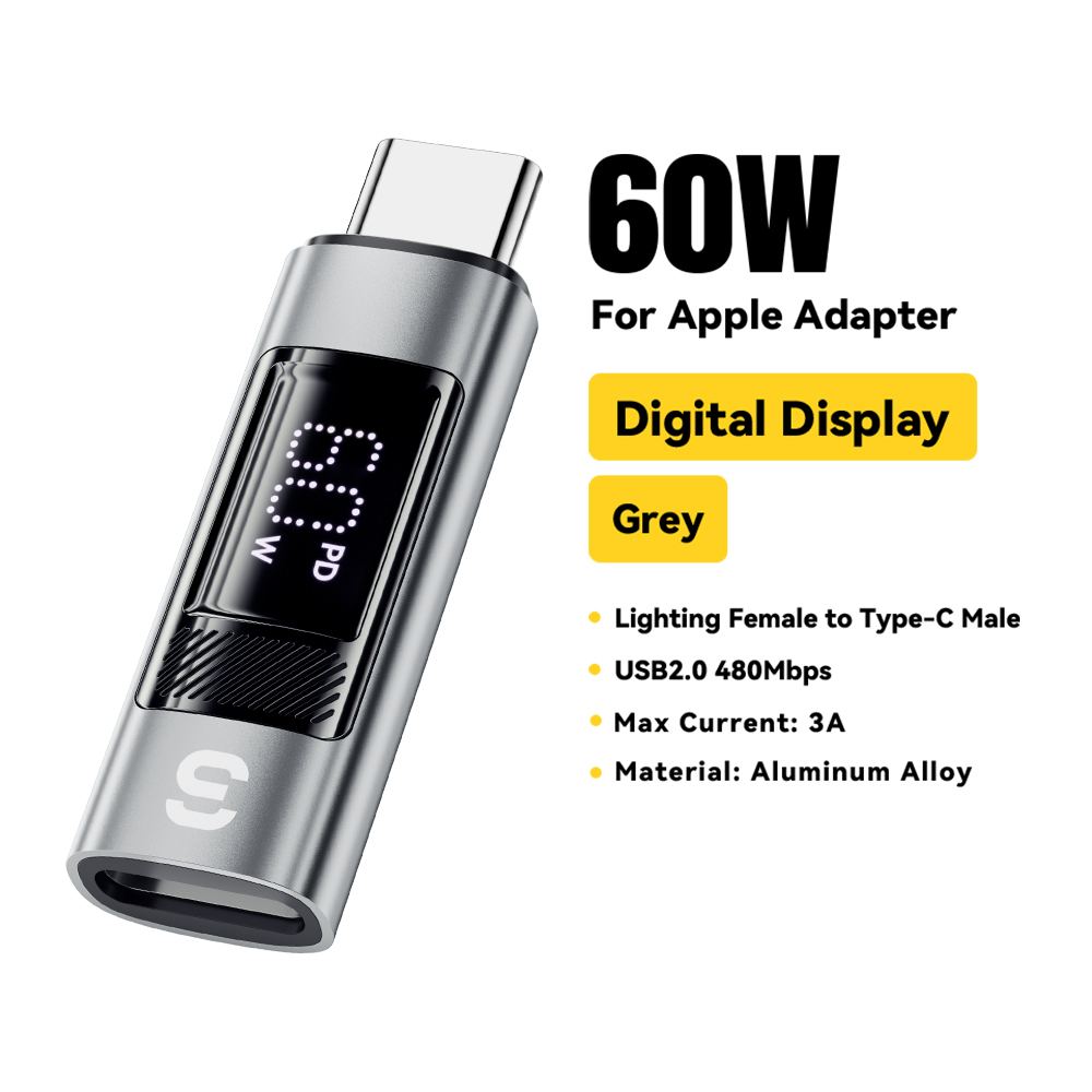 Essager USB C auf Beleuchtungsadapter für iPad 30 W Digitalanzeige OTG-Konverter für iPhone 15 14 13 12 Lightning-zu-Typ-C-Anschluss: Grey