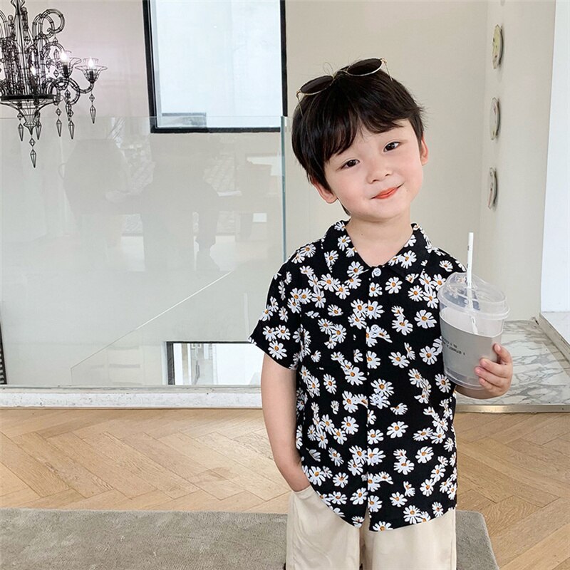 Verão 2021 meninos margarida imprimir camisas de manga curta estilo coreano crianças algodão casual fino topos roupas