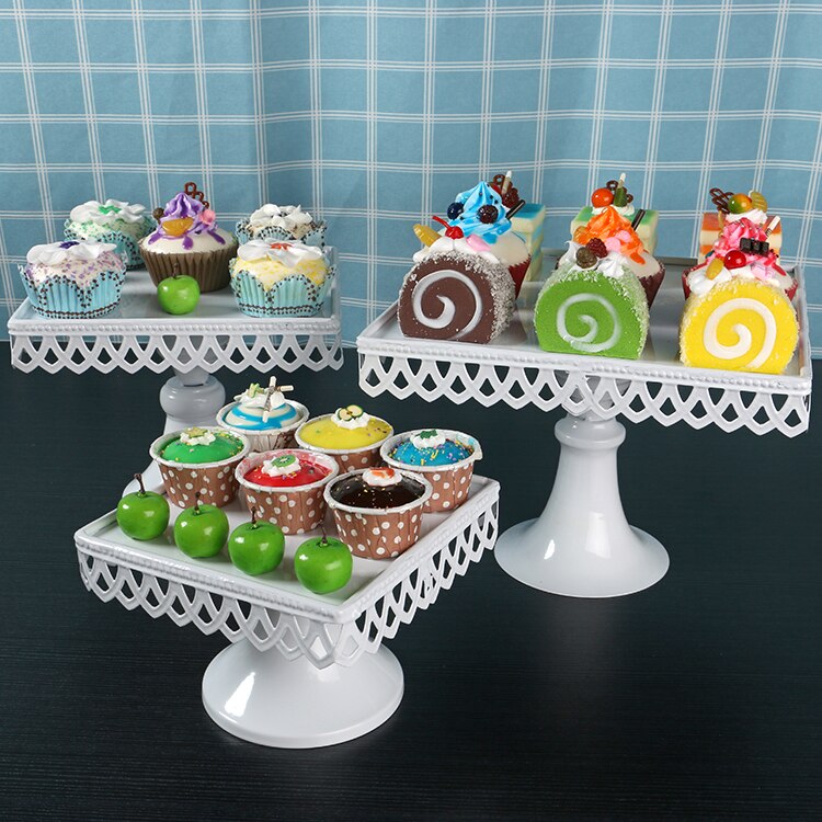 3 Size European Style Wedding Table Square white Cake Stand Iron Tall Cake Fruit Tray Lace Single Cupcake Stand