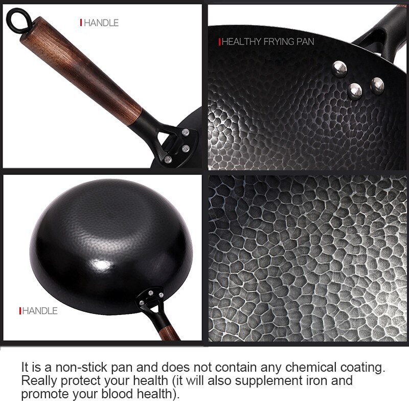 Traditional Iron Wok Pan Non-coating Non-stick Cooking pots Chinese Cookware induction Kitchen Utensils