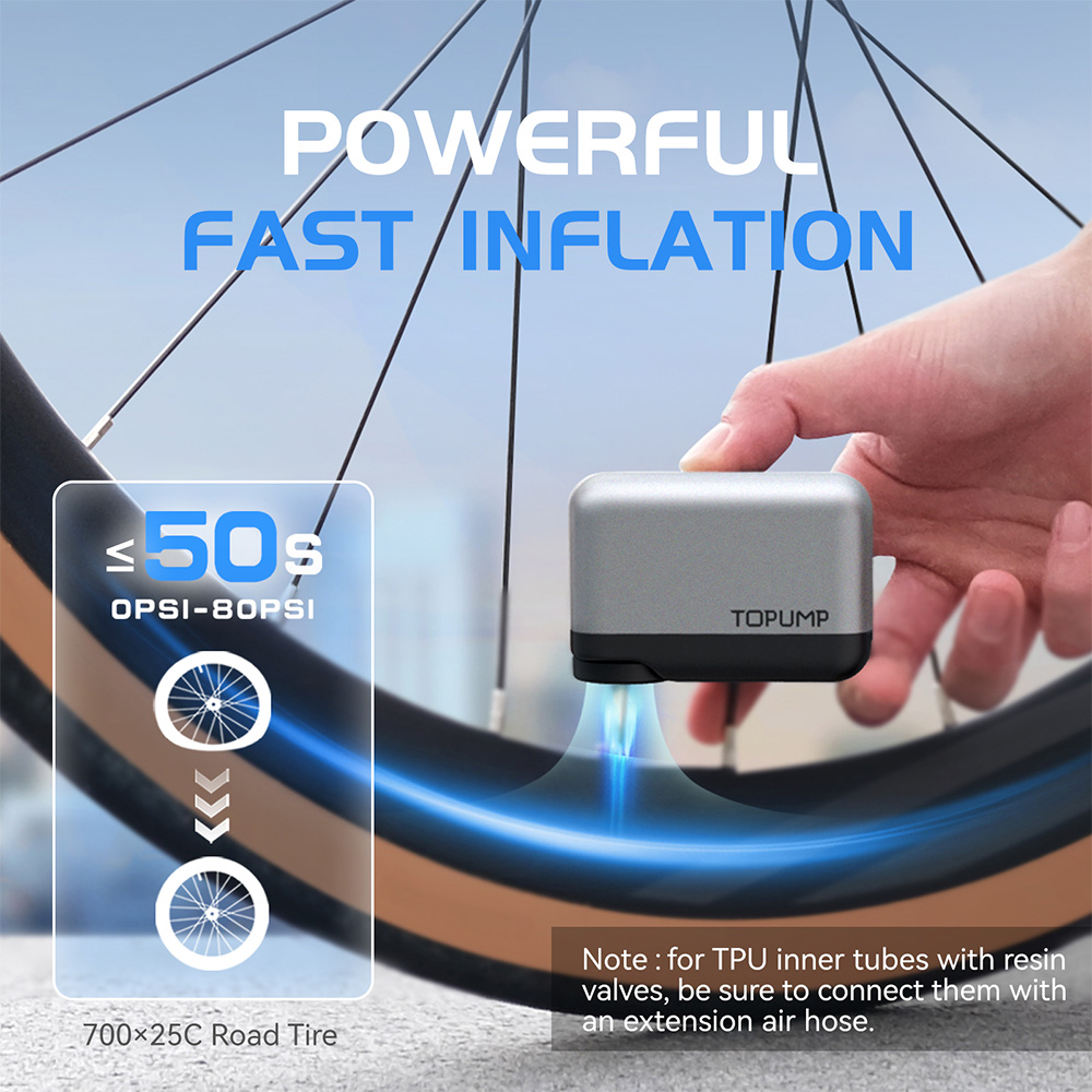 TOPUMP TB2 Elektrische Minipumpe für Fahrrad Akku-Reifenfüller 450 mAh 7,4 V Batterie 120 PSI Max Schrader Presta-Reifen