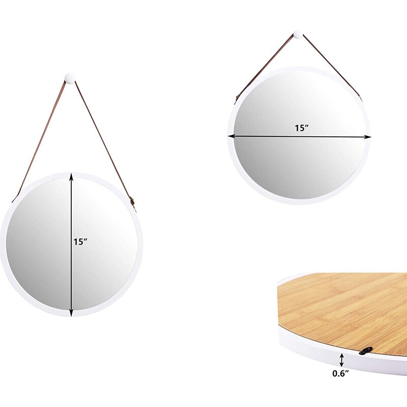 Ronde wandspiegel voor in de badkamer en slaapkamer - massief bamboe frame en verstelbare leren band (wit , 15 inch)