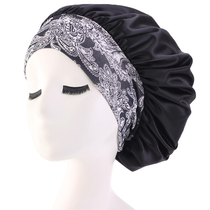 Pañuelo para la cabeza de satén para mujer, gorro para dormir, gorro envolvente para el pelo, diadema, banda ancha, gorros casuales elásticos, sombrero de Color sólido: Black
