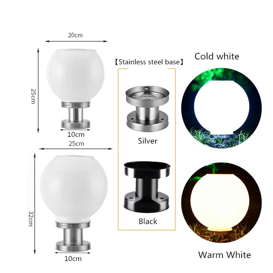 Led rund boll rostfritt stål solar stolpe lampa utomhus  ip65 vattentät kolumn huvud ljus för trädgård villa pelare trädgård hotell