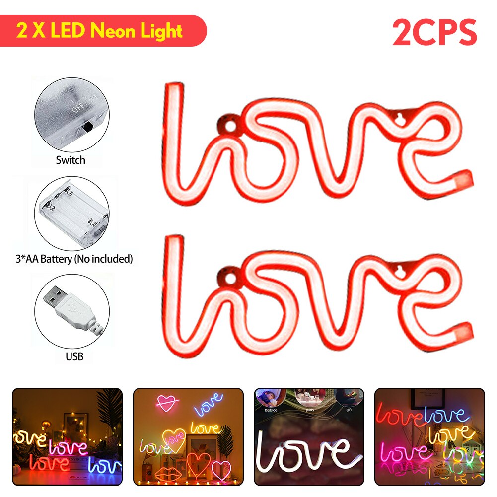 Romantic LOVE Letters LED Night Light USB Charging Home Decor Neon Lamp USB Charging battery box lamp Home led night lamp: 2PC Red