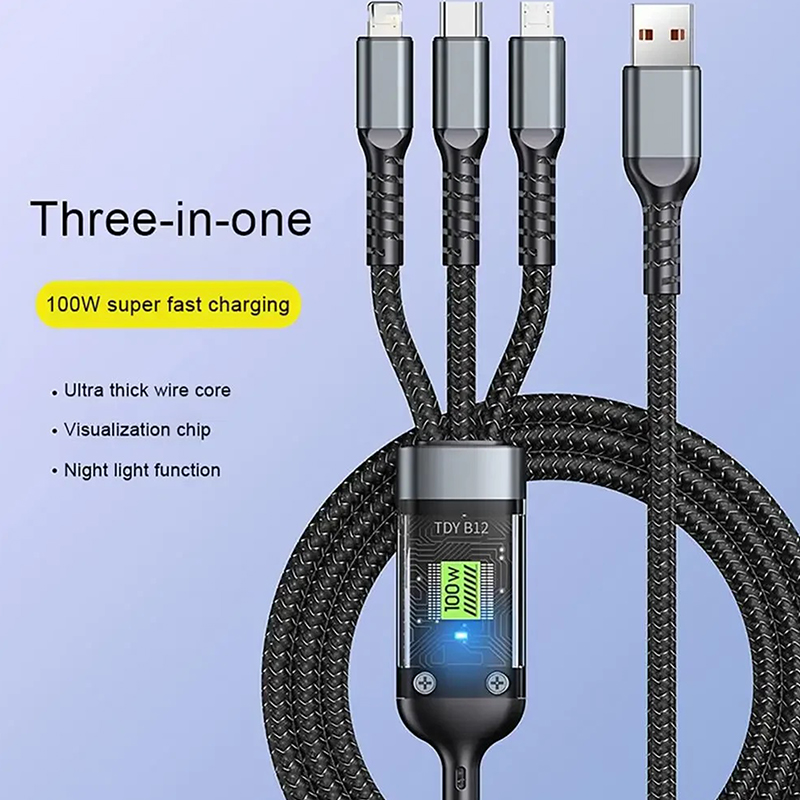 100W Fast Charging Cable Multi Charger Cable Nylon Braided Multiple USB Universal 3 In 1 Charging Cord Adapter With Type-C 120cm