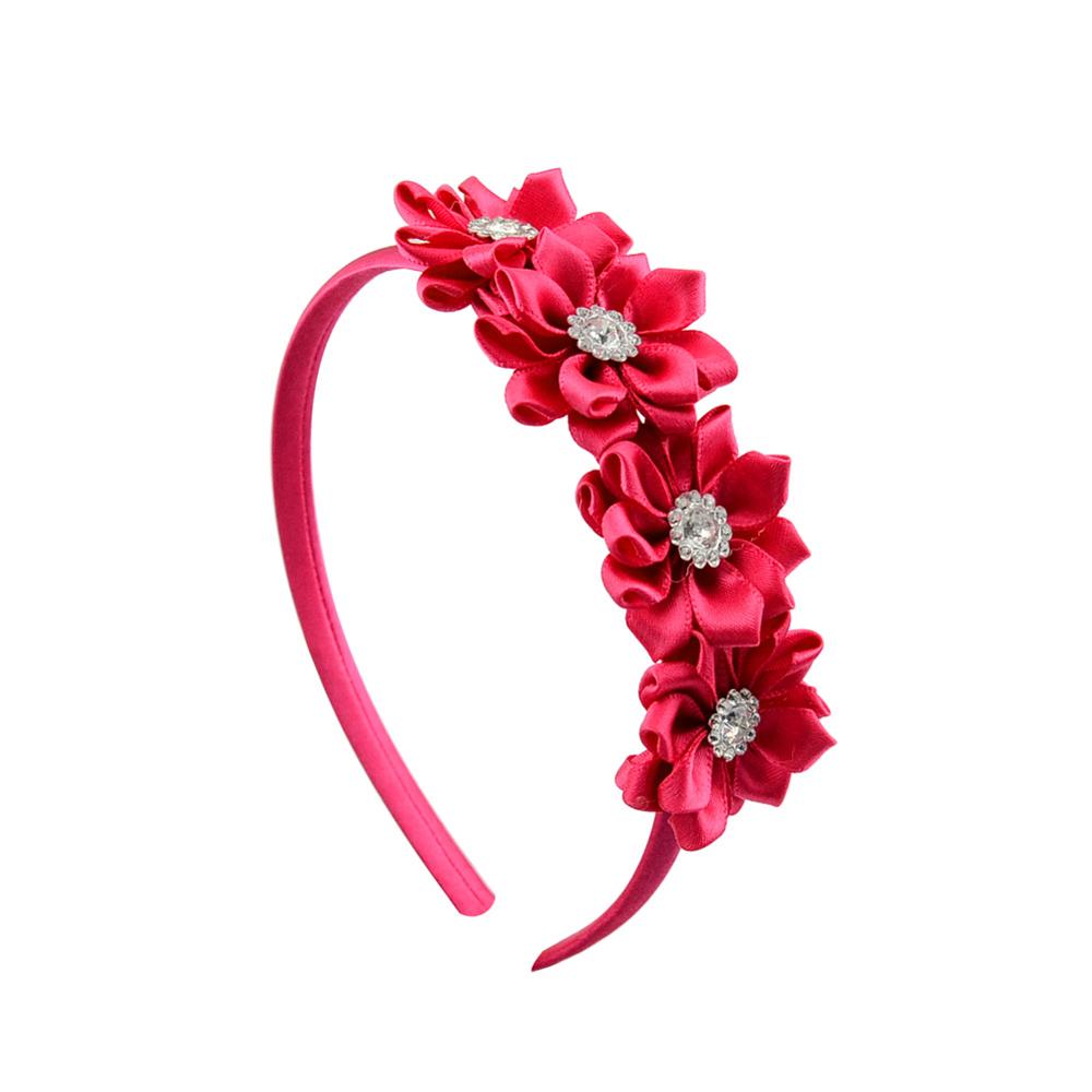 1PC Cute Hairband Kids Princess Headwear Boutique Triple Satin Flowers with Zircon Hair Accessories Head Hoop for Girls Headband: Red