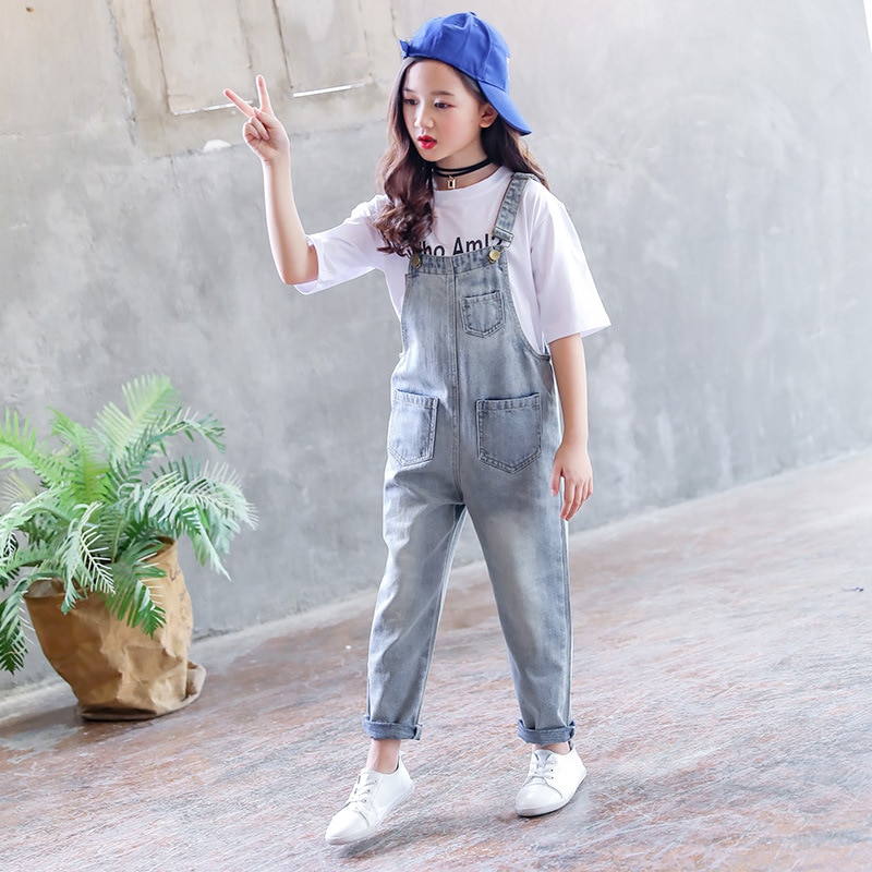 Børn teenagere piger vintage denim løs jumpsuit overalls playsuit til piger skole jeans jumpsuits romper tøj outfits