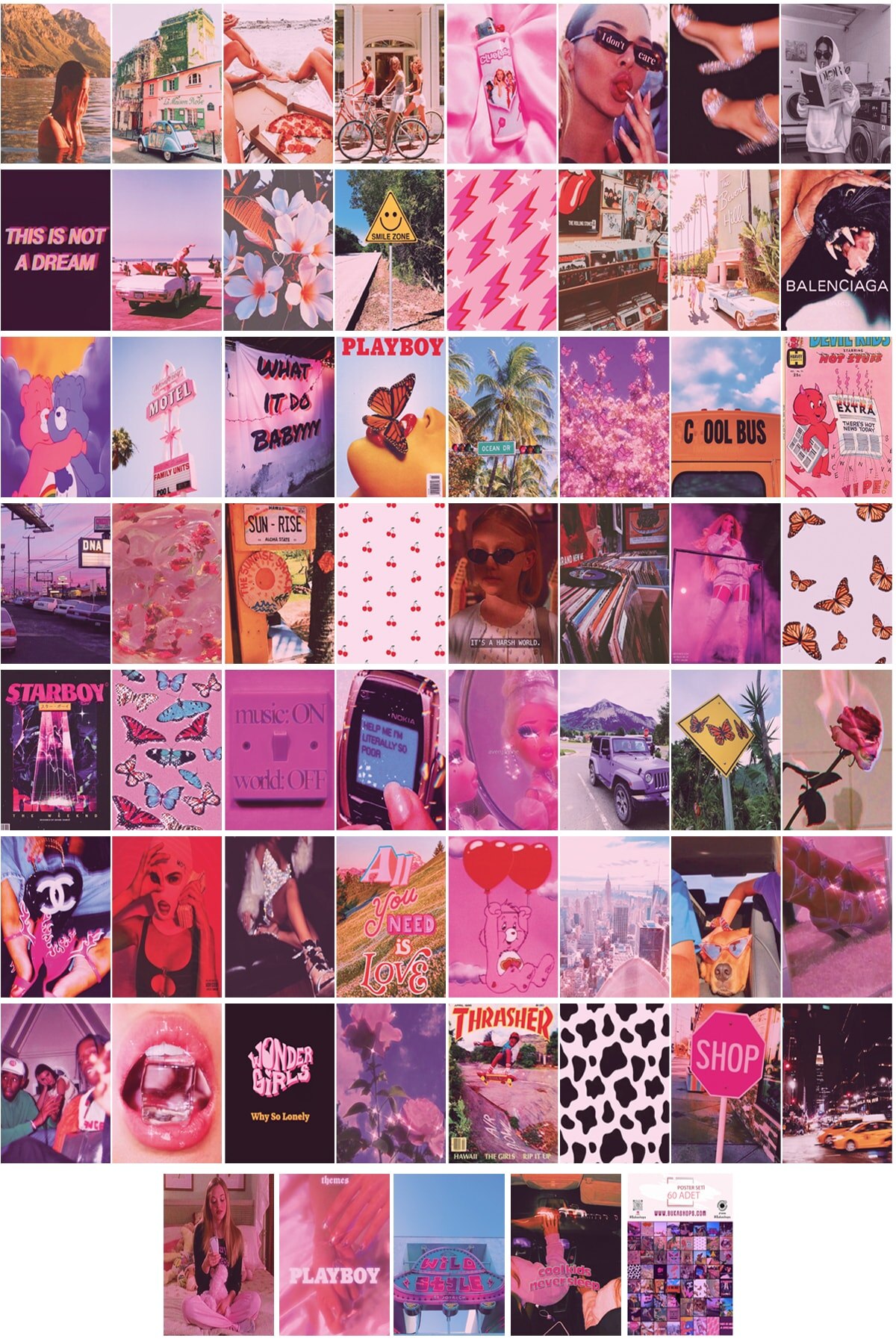 Aesthetic Pink indie 60&#39;lı Poster Wall Poster Set