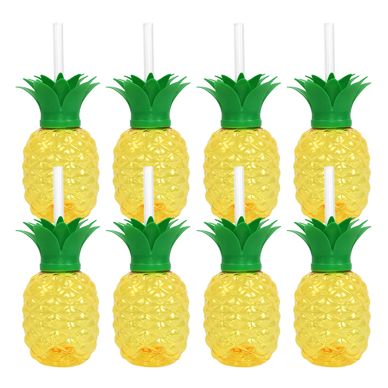 Vasos de piña de plástico con pajita y fresa para beber, 8 piezas, Hawaiano, Luau, decoración de Tropical, suministros de cumpleaños de playa de verano