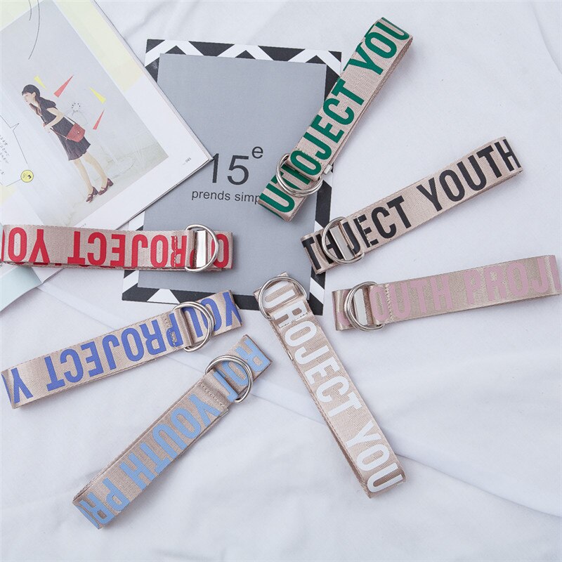 Cinturón de lona con letras para mujer, cinturón largo de nailon, accesorio harajuku, pantalones vaqueros