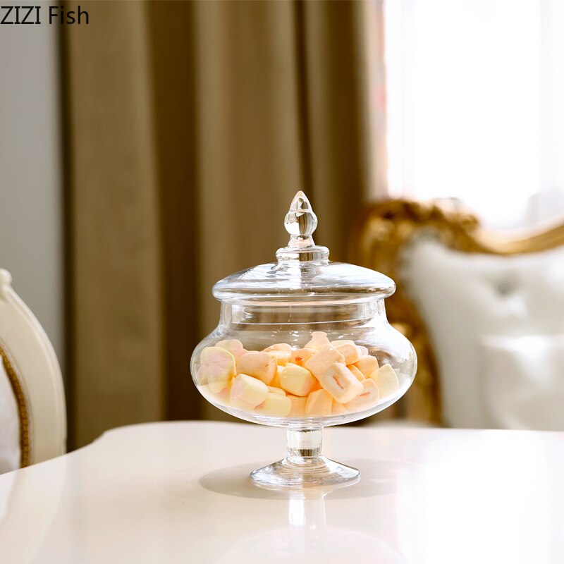 18cm European Style Transparent Glass Candy Jar with Glass Cover Wedding Dessert Display Stand Home Candy Storage Tank