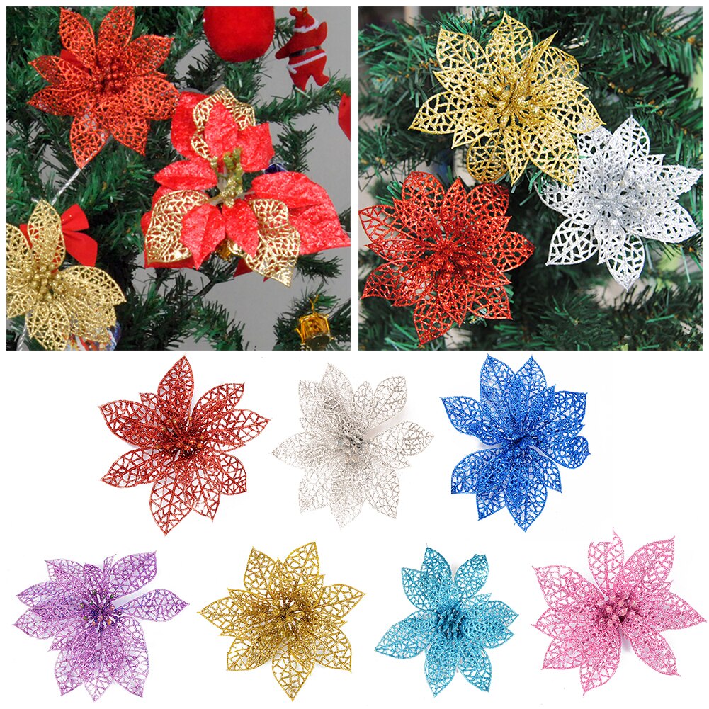 10cm juleblomster til hjemmet glædelig juletræ dekoration glitter kunstigt blomsterhoved bryllup juleartikler