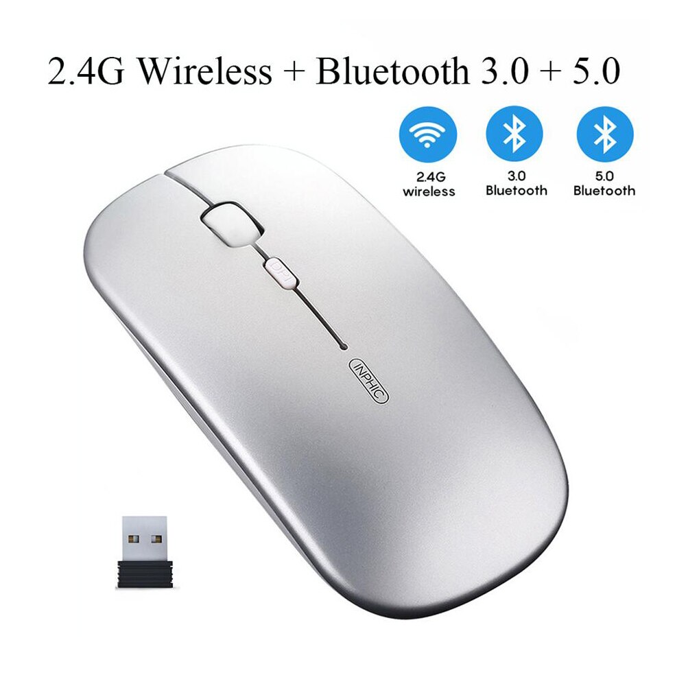 Wireless Mouse Computer Bluetooth Mouse Silent Mause Rechargeable Ergonomic Mouse 2.4Ghz USB Optical Mice For Macbook Laptop PC: Bluetooth Silver